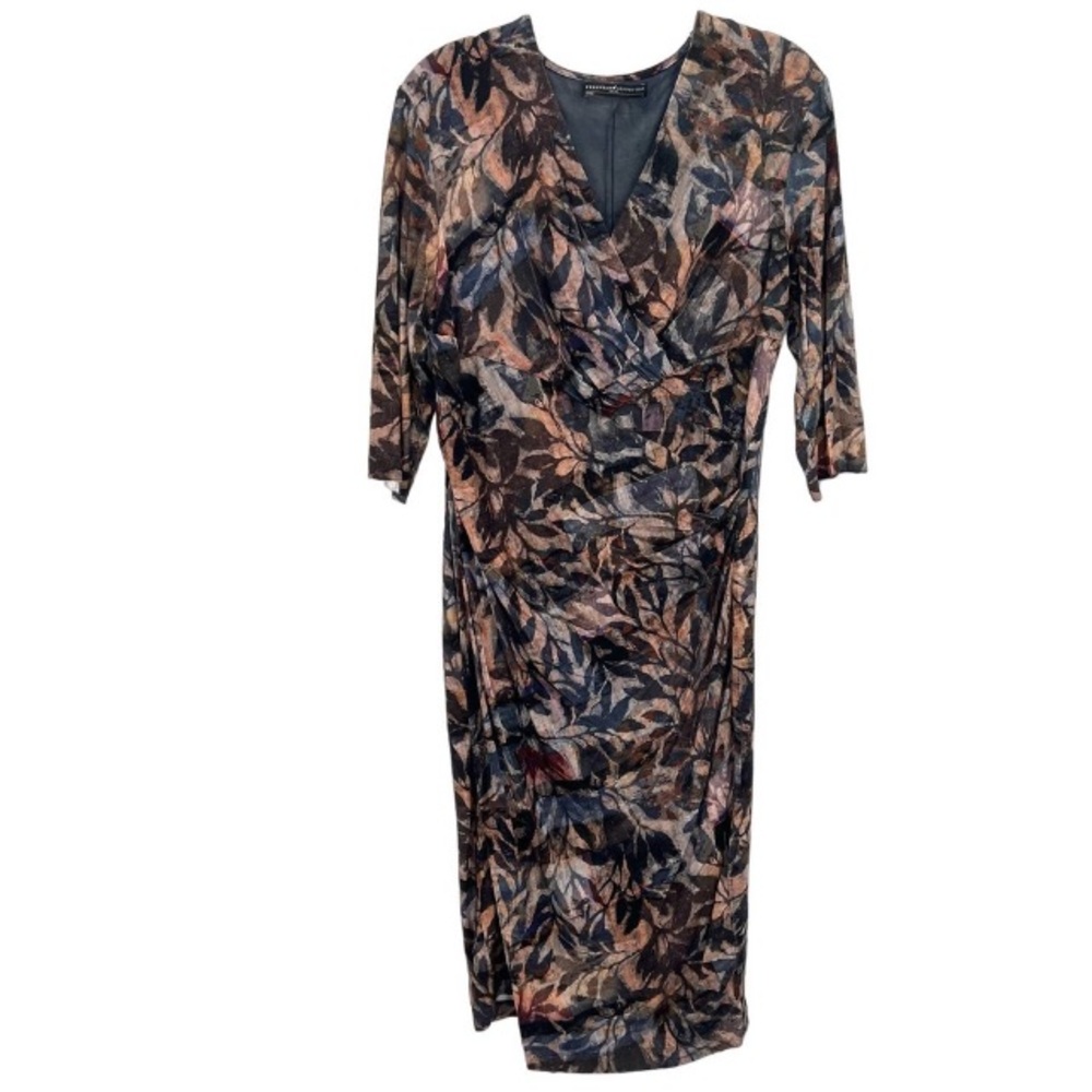 Peruvian Connection Dress 3/4 Sleeves V-Neck Faux Wrap Style, Size Large